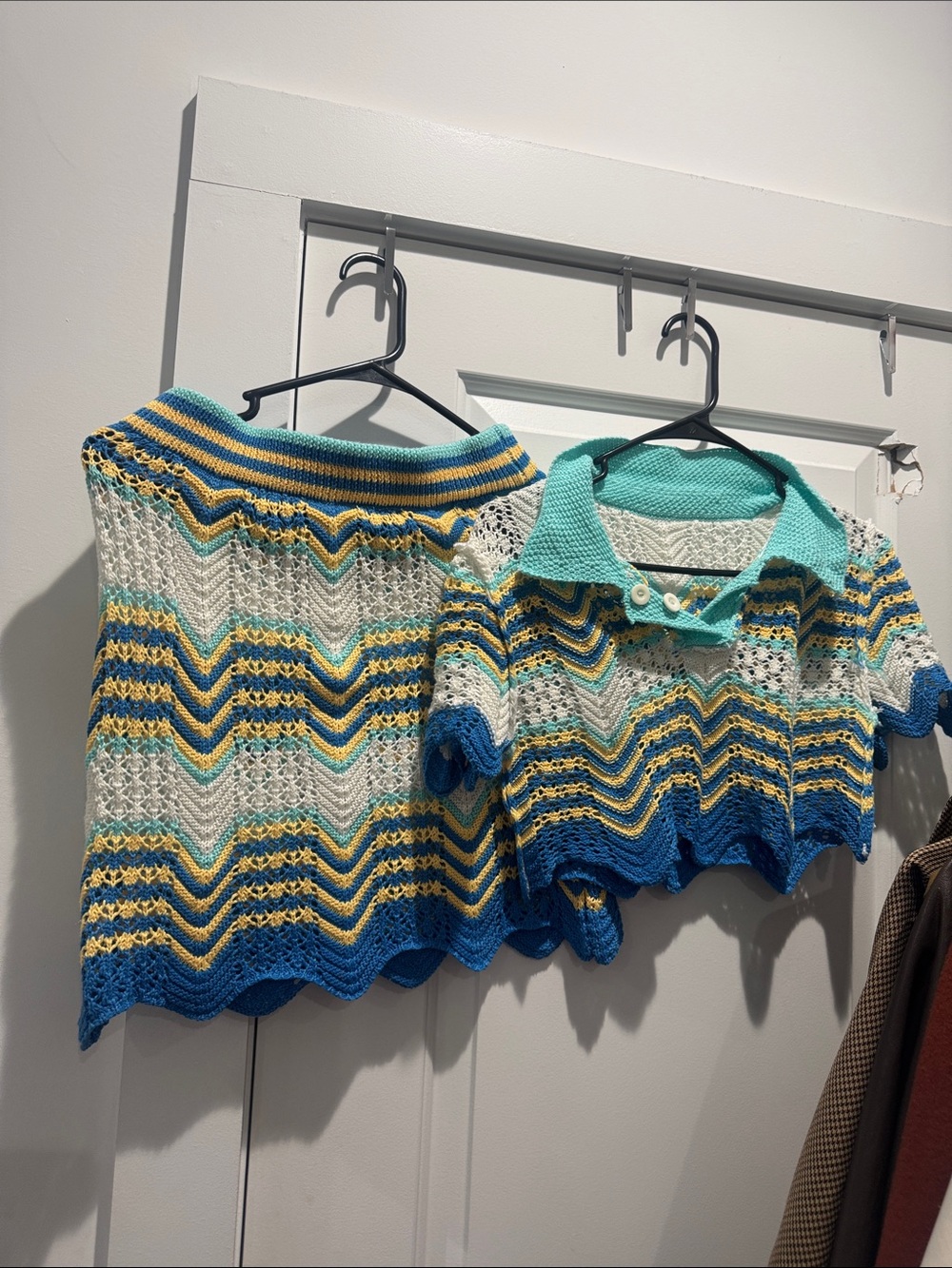 Striped Knit Two-Piece Top & Skirt Set - Blue, Teal, Yellow